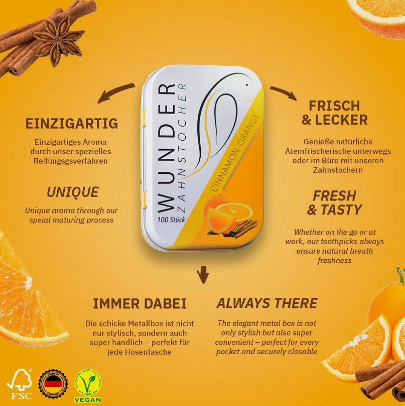 Zahnstocher Sticks Holzstocher Zahnpflege Zahnhölzer Atemerfirscher Zimt/Orange