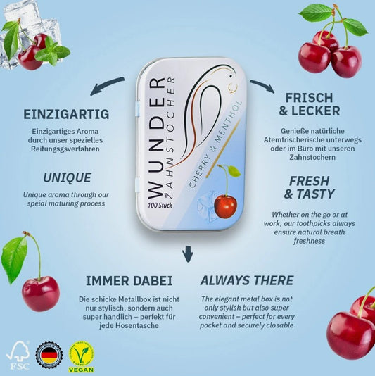 Wunder Zahnstocher - Zahnstocher mit Geschmack Kirsch/Menthol Metallbox