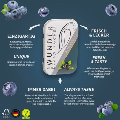 Wunder Zahnstocher - Zahnstocher mit Geschmack Blaubeere Metallbox