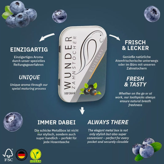 Wunder Zahnstocher - Zahnstocher mit Geschmack Blaubeere Metallbox