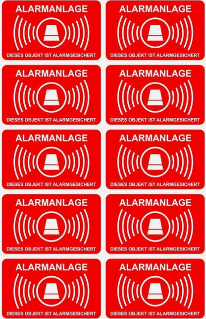 10 Stück Aufkleber Alarmanlage 5cmx3 cm alarmgesichert wetterfest & UV Schutz
